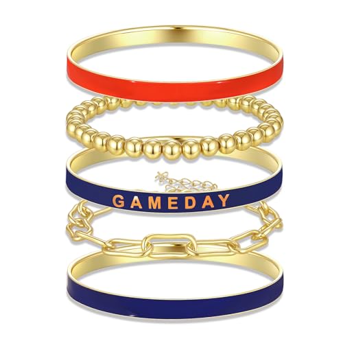Game Day Bangle Bracelets Set for Women Stackable Gold Bangles Paperclip Beaded Bracelet Football Jewelry Game Day Outfit Accessories Gifts