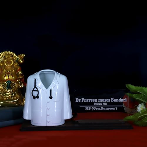 Image of Doctor Coat Pen Stand with LED Name Plate & Wooden Base | Customized Desk Organizer for Doctors & Medical Aspirants | Apron Shape Pencil Holder with Personalized Name Engraved Plate