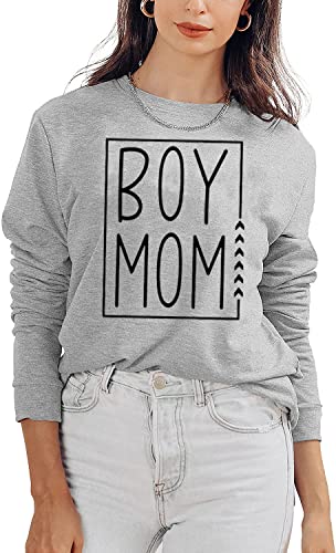Mychte Boy Mom Sweatshirt For Women Casual Fall Winter Long Sleeve Pullover Tops Funny Letter Print Boy Mama T Shirt (L, Gray) #TOP2