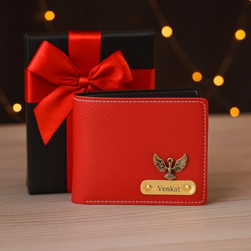 Image of Personalized Men's Wallet with Name & Favorite Charm | Classic Leather Wallet | Best Gift for Brother, Husband, Boyfriend, Father (RED)