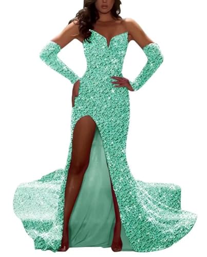 Sequin Prom Dresses Sleeves Ball Dresses V Neck Lone Cocktail Evening Gown with Slit ST74