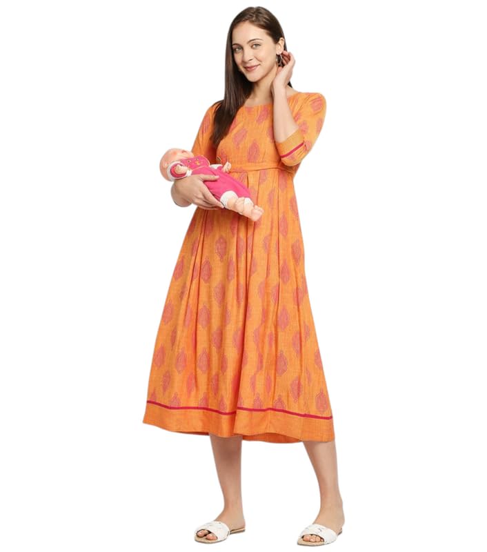 Image of DUMMY SHAPE Maternity Dresses for Women Cotton Rayon | Peach Printed Feeding Flare Kurta with Dual Nursing Zippers to Breastfeeding | Pre & Post Pregnancy | Gift for Pregnant Woman (D-M-P055 XL)