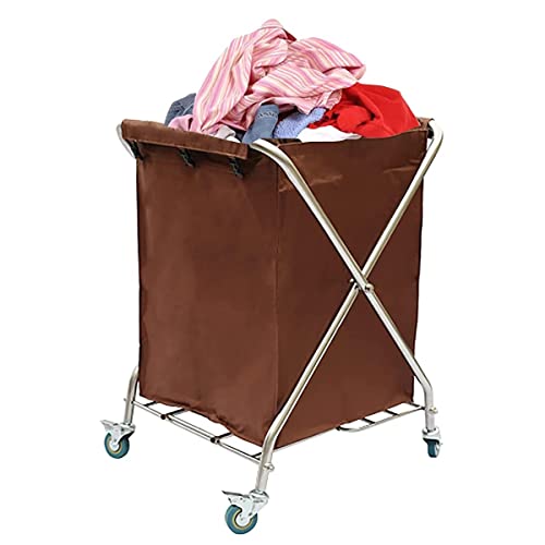 Laundry Trolley Cart with Stainless Steel Frame Collapsible Washing Basket on Wheels Waterproof Oxford Material Ideal for Home Bedroom Hotel Brown