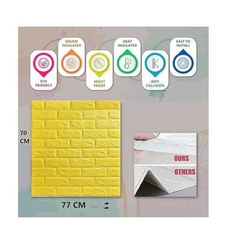 Image of POZET 3D Brick Wallpaper PE Foam self Adhesive Brick Design Wall Stickers /DIY Wallpaper for Home Hotel Living Room Bedroom Cafe Deco (70 x 77 cm) (Yellow) Pack of 6