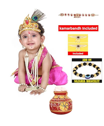 Image of Krishna Dress for Kids, Baby Krishna Dress for Janmashtami with Krishna Mukut, Peacock Feather & Flute Embroidered Krishna Costume for Girl & Boy, 3 Months-8 Years