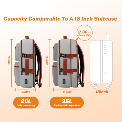 Expandable Travel Backpack Women Men with USB Charging Port, 15.6 Inch Laptop Backpack Waterproof Carry on Flight Approved for Travel Work Hiking College, Grey3