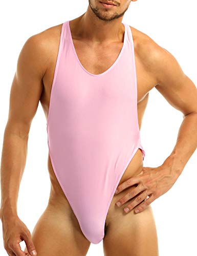 dPois Men's Crossover Bodysuit High Cut One-Piece Thongs Leotard Underwear Lingerie Pink Medium