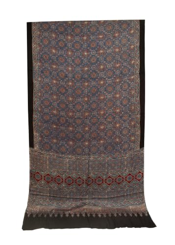 Image of Ethnics of Kutch Womenss Ajrakh Modal Silk Natural Dye Hand Block Print Saree with Blouse Piece - 5.5 Mtr Length
