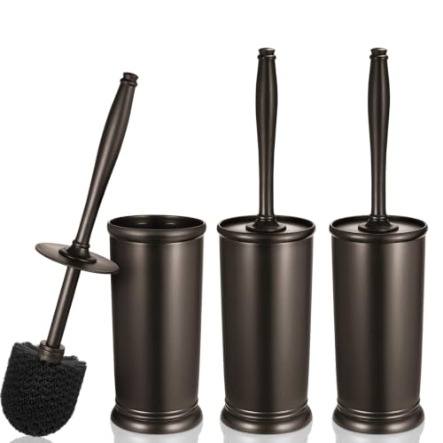 Image of HAMITOR Toilet Bowl Brush Holder Set: Classic Round Bristle Head Deep Cleaning Cleaner Scrubber with Tall Caddy for Restroom - Home Bathroom Decor Accessories - Bronze 3 Pack