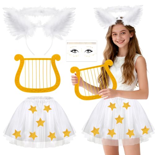 4 Piezas Disfraz Angel Mujer, Diadema Angel Alas Tatuajes Temporales Falda Tutu Blanco Arpa de Plástico, Disfraces Estrella Disfraz Navidad Mujer para Halloween Navidad Carnaval Cosplay Fiesta