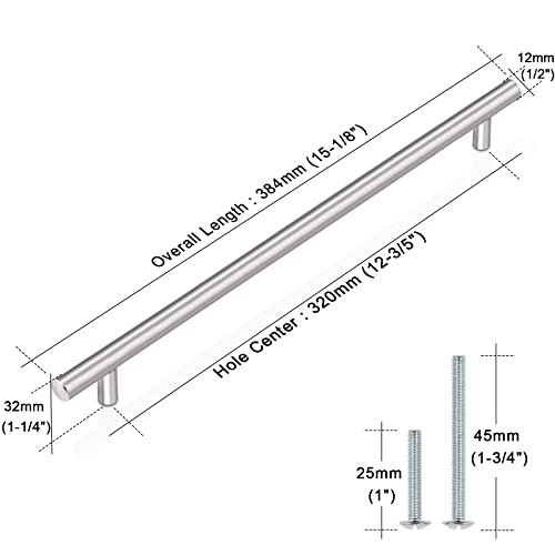 Image of Probrico 10 Pack 12-3 /5 Inch(320mm) Hole Centers Cabinet Pulls Satin Nickel Euro T Bar Kitchen Handles Stainless Steel Kitchen Cabinet Hardware Dresser Drawer Handles