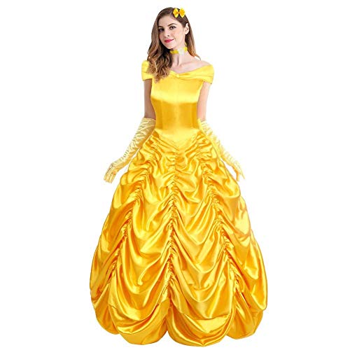 FYMNSI Femme Princesse Belle Costume De Luxe Fête Deguisement la Belle et la Bete Adulte Jaune Longue Robe de Bal Ceremonie Soirée Halloween Noël Carnaval Anniversaire Cosplay Jaune L