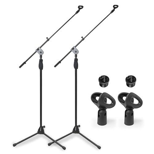 AxcessAbles AXCMS-201TB One Hand Microphone Stand with Tripod Base and Quick Grip Height Adjustment - Telescoping Mic Boom Arm Included. Tall Microphone Stand for Singing 2-Pack
