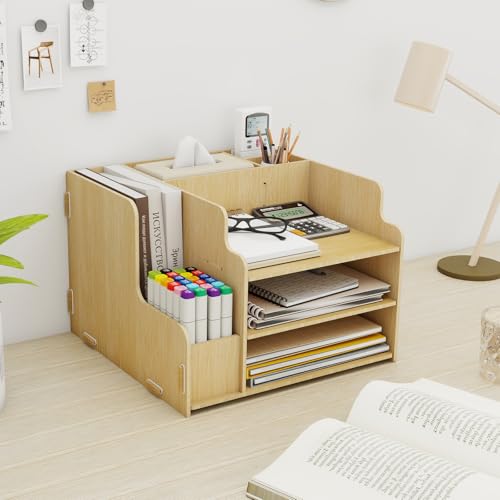 PUNCIA Organizador Escritorio Sobremesa de Madera con Revistero 3 Bandeja Escritorio con Portalápices Estante de Almacenaje Multifuncional para Material Documentos Oficina Escuela - imagen 7