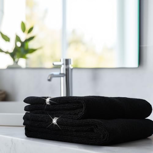 Hahafelt 2 Pcs Black Sparkling Hand Towels with Rhinestones for Bathroom 100% Cotton Glitter Soft Elegant Hand Bath Towels Absorbent Machine Washable for Spa Yoga Hotel Sport, 29.5" x 13.8"