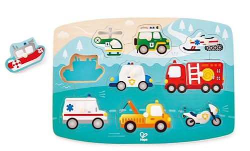 Hape Puzzle à Boutons Véhicules de Secours - Pour Enfants 2 ans et Plus - 10 Pièces Colorées pour la Motricité Fine et l'Observation - Puzzle Bois Avec Boutons Faciles à Attraper - Thème des Secours