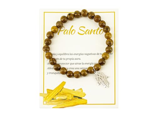 Only faith Pulsera de Palo Santo con Cuentas de Madera y Colgante Amuleto de protección Nudo de bruja, Equilibra Energías Negativas (Mano de Fatima)