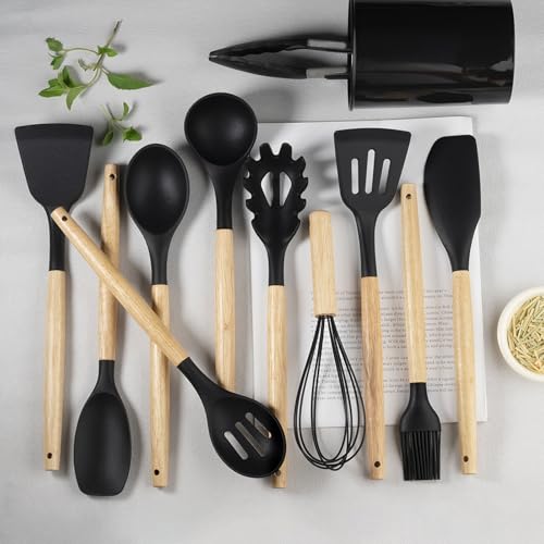 ustensiles de cuisine, Kitchen utensils set 11 pièces with wooden handle silicone, Black – Image 3