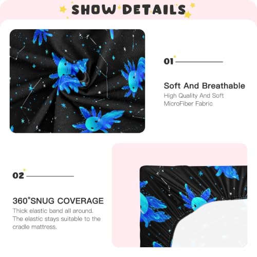 Image of Cartoon Axolotl Galaxy Crib Sheets Soft Breathable Fitted Baby Crib Sheets Mattress Cover for Girls Boys, 52 inch x 28 inch x 9 inch