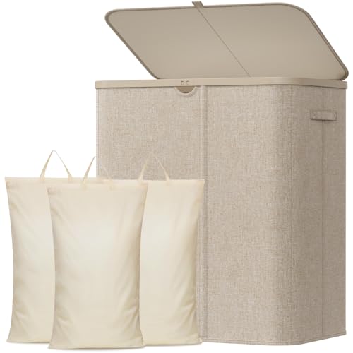 Lifewit 3 Fächer Wäschekorb mit Deckel, 165L Wäschesammler mit Kunststoffrahmen, faltbarer großer Wäschesortierer, Wäschekörbe für Schlafzimmer, Bad, Beige