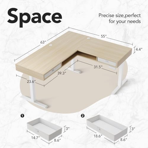 Image of HUANUO 63 inch X 55 inch Electric L Shaped Standing Desk, 2 Drawers, Light Walnut | L-Shaped Corner Desk,2 Fabric Storage Drawers,4 Quiet Memory Presets,220lbs Carbon Steel, 27.6 inch-46.5 inch Adjustable Height