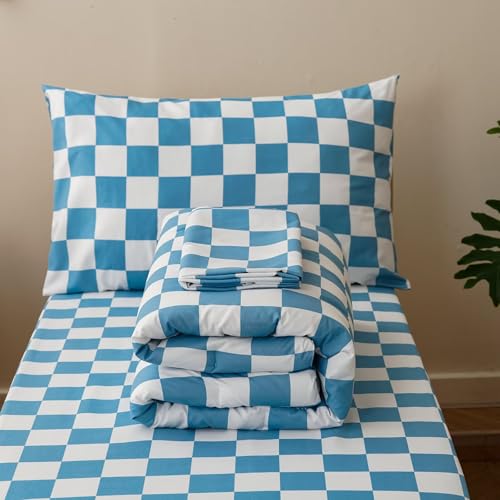 Image of CLOTHKNOW 4Pieces Blue White Plaid Toddler Bedding Sets for Boys Girls | Soft, All Seaon, Cozy, Breathable, Kids Grid Bedding Sets, Crib Bed Sets, Light Blue White Comforter