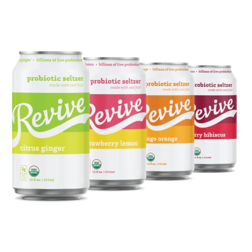 Revive Organic Sparkling Probiotic Seltzer Classic Variety 12-Pack | Billions of Live Probiotics, Low-Calorie, 5g Organic Cane Sugar, Vegan & Gluten Free | Supports Gut Health and Immune System