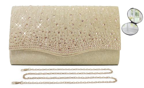 HKYUECHI Clutch schwarze Damen niedliche Handtasche schwarze kleine Abendtasche mit Kette Handtaschen für Frauen Glitter Crossbody Schultertasche Clutches für Party Hochzeit Cocktail (Gold)