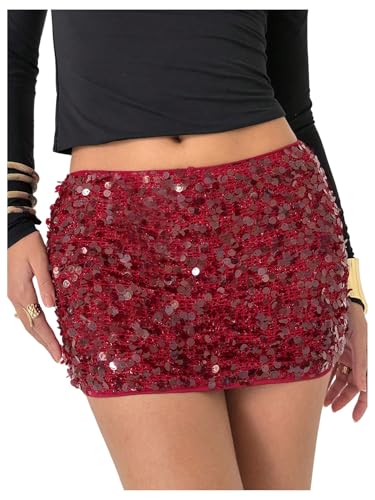 MakeMeChic Womens Sequin Sparkle Mini Skirt Glitter Low Waist Party Y2k Bodycon Skirts Burgundy Large