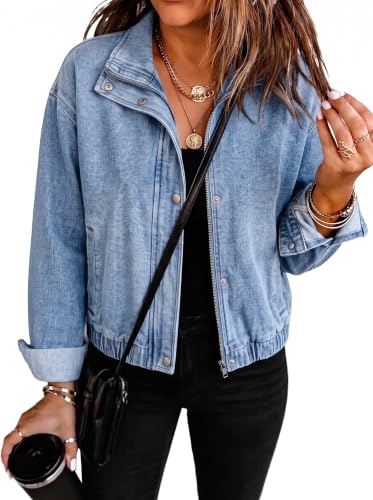 Dokotoo Womens Cropped Jean Jacket Oversized Bomber Denim Jacket Blue M