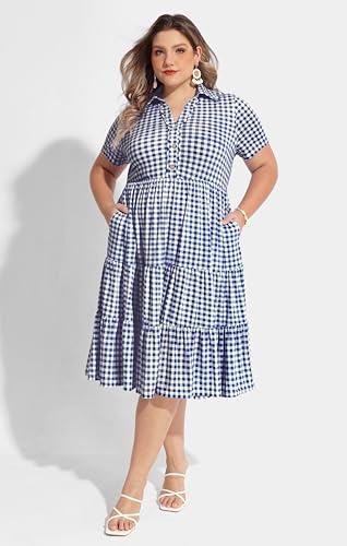 Image of CARCOS Plus Size Dresses for Curvy Women Collared Vneck Short Sleeve Dresses Midi Summer Ruffle Dress with Pocket XL-5XL