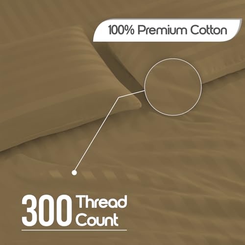 Image of LINENWALAS Cotton 300 Thread Count Single Size Bedsheet Set | 2 cm Sateen Stripe Design | Cloud-Soft, Breathable & Skin-Safe | Oeko-TEX Certified Hotel-Style Bedding (60 x 90, Mocha)