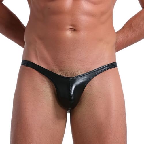 Faringoto Glänzende metallische Tanga-Unterwäsche für Herren, niedrig sitzend, U-konvexe Tasche, Nachtclub und Bühnenleistung, Schwarz, Medium