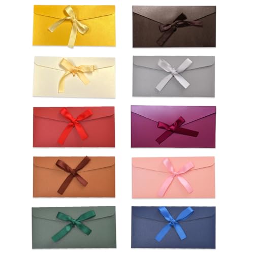 ZORVYN Lot de 10 Enveloppes Vintage en Papier Kraft avec Rubans Colorés, Idéal pour Cartes Cadeaux, Fêtes, Noël, Mariages, Thanksgiving (Multicolore)
