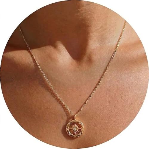 Galis Dainty Necklace - 15.7 Cubic Zirconia for Women with Compass Pendant Gold Plated Chain Necklaces Womens Trendy Accessories CZ Diamond Solitaire with Lobster Clasp Minimalist Gift