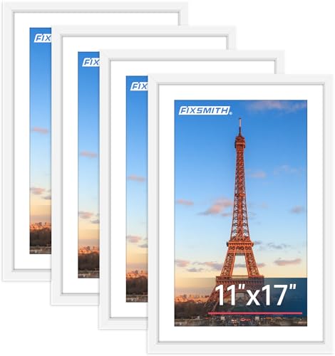 FIXSMITH 11x17 Picture Frame White Set of 4 Photo Frame with HD Plexiglass Display Pictures 9x15 with Mat or 11x17 Without Mat White Picture Frames Collage Wall Decor Gallary Wall Frame