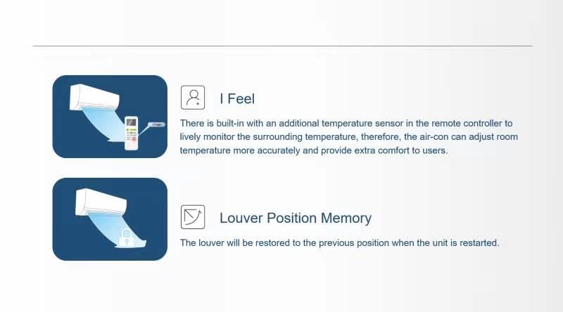 Diagram showing 'I Feel' function with remote sensor and Louver Position Memory.