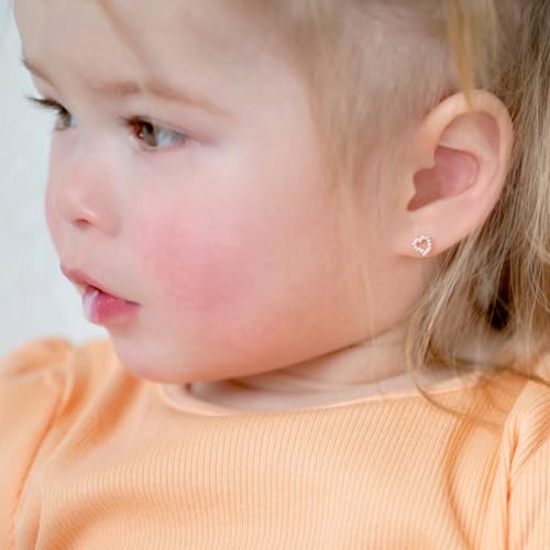 14k Yellow Gold Cubic Zirconia Encrusted Heart Safety Screw Back Earrings For Little Girls - Small Heart Earrings For Children - Glimmering Clear CZ Earrings For Kids With Safety Closure2