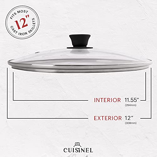 Glass Lid With Steam Vent Hole - 12"-Inch/30.48-Cm - Compatible With Lodge Cast Iron Skillet Pan - Fully Assembled Universal Replacement Cover - Tempered And Oven Safe - Reinforced Stainless Steel Rim #TOP1