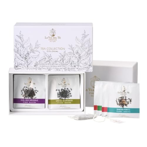 Tea Collection Colonial- La via del Tè Firenze, Selezione di 12 Tè in bustina - Miscele Profumate - confezione regalo bianca con particolori dorati ed argentati