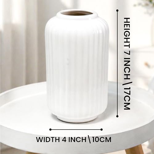 Image of Art Street Modern Ribbed Ceramic Flower Vase | Pearl White Decorative Boho Vase for Living Room, Bedroom & Office Dcor - (Flower not Included), 7x4 Inch