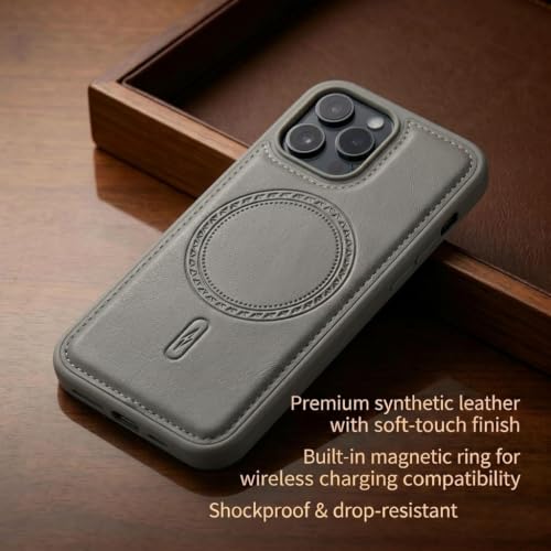 Image of amazon basics Premium PU Leather Case for iPhone 15 Pro, MagSafe Compatible Magnetic Ring, Sleek Protective Back Cover - [Gray]