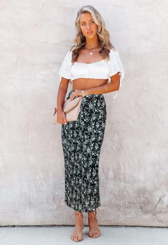 Image of HERBATOMIA Women's Floral Print Midi Skirt Casual High Elastic Waist Zipper Vintage Long Boho Skirts for Women