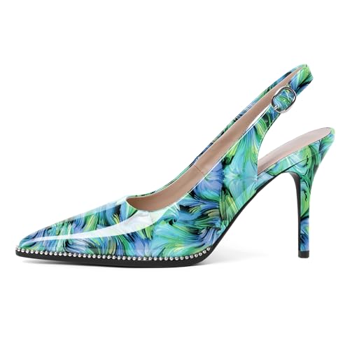 Image of SAMMITOP Women Slingback Heels Stilettos Closed Pointed Toe High Heel Silver Beaded Pumps Comfortable 3.5 Inch High Heels for Women Dressy Shoes