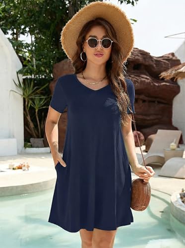 Image of KORSIS Dresses for Women Casual T-Shirt Summer Short Sleeve Loose Comfy Dress Swing Flowy Beach Vacation Sundress with Pocket