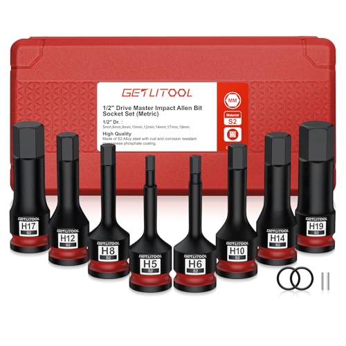 GETLITOOL 1/2" Kraft Innensechskant Schlagschrauber Nüsse Satz, 8tlg S2-Stahl Sechskant Bit Stecknuss Set HX 5mm - 19mm, Länge 78 mm Innensechskant Steckschlüssel Set für Innensechskantschrauben
