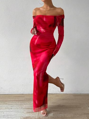 Image of LIGHT DOT Women's Printed Off Shoulder Maxi Dress Long Sleeve Bodycon Ruched Mesh Cocktail Dress