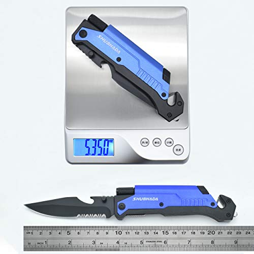 SHUBHADA Best 6-in-1 Survival Tactical Military Folding Pocket Knives with LED Light,Seatbelt Cutter,Glass Breaker,Magnesium Fire Starter,Bottle Opener;Multi-Function Emergency Tool (Blue) - Thumbnail 3