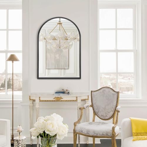 Image of Arched Wall Mirror, 26 inchx18 inch Black Arch Mirror, Metal Frame Black Bathroom Mirror, Arched Vanity Mirror for Living Room Bedroom Mantel Entryway