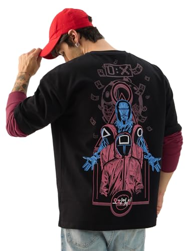 Image of The Souled Store Official Squid Game: Front Man Men and Boys Round Neck Black Graphic Printed Cotton Oversized Full Sleeve T-Shirts